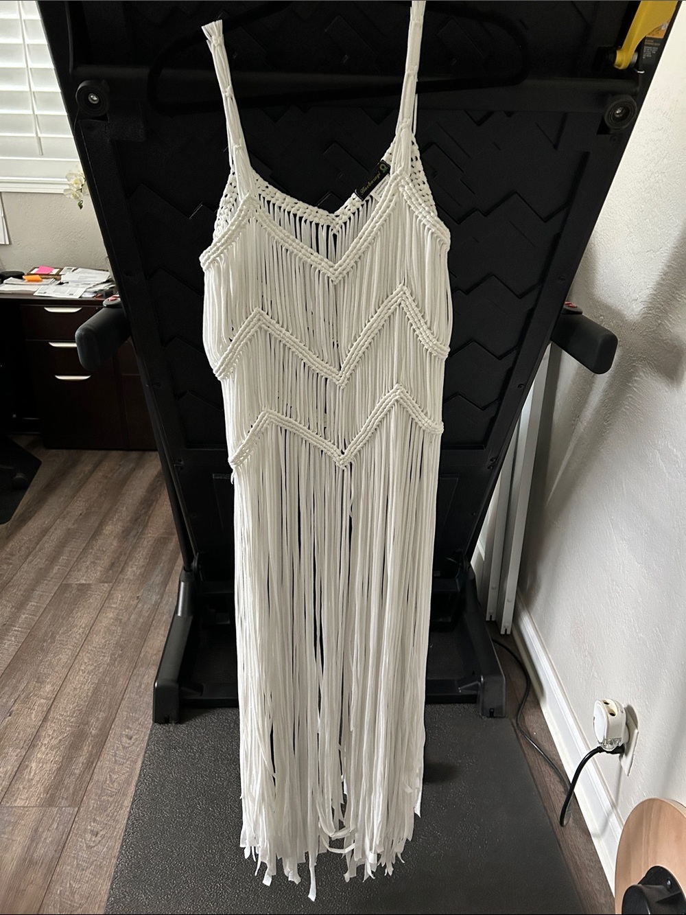 White Fringe Maxi Swim Coverup with Chevron Macramé